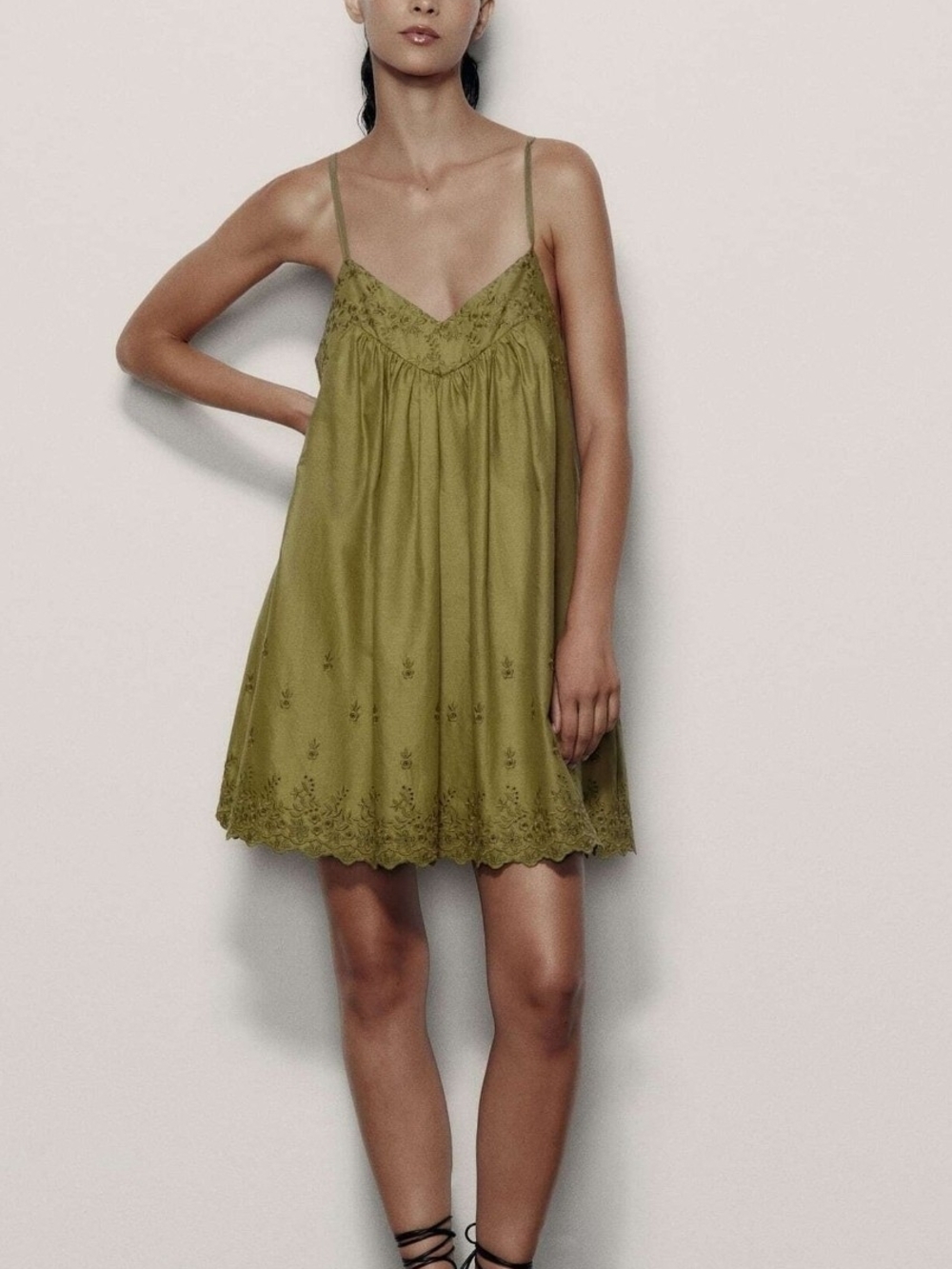 Olive Green Embroidered Cami Dress